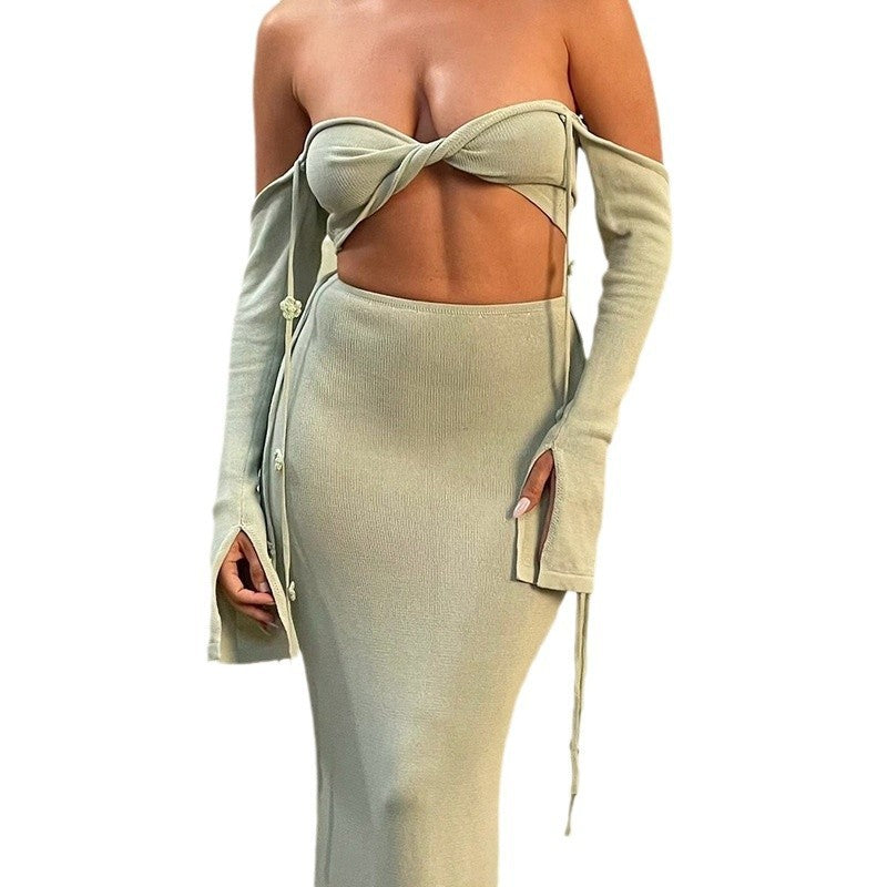 Solid Color Floating Flower Knitted Beach Bikini Swimsuit Dress Suit